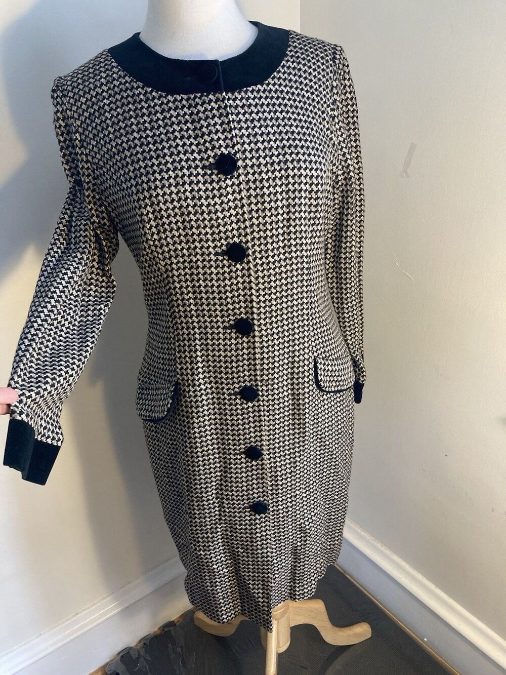 Vintage Lanz Originals Dress Sz 10 Wool Houndstooth Black & Gold Dog Show Outfit